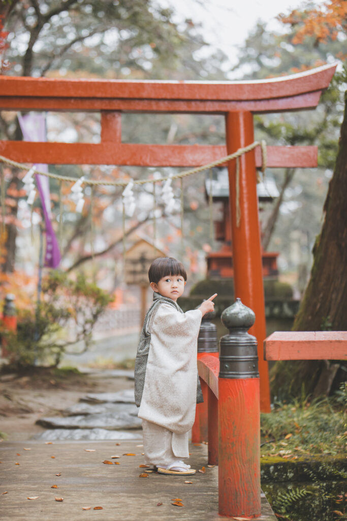紅葉に包まれた境内で七五三写真を撮る兄弟｜小山市写真スタジオ撮影