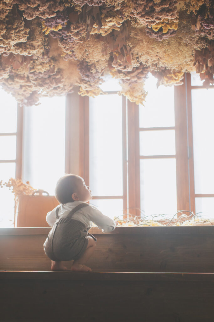 階段を登ろうとする1歳男の子の成長記録